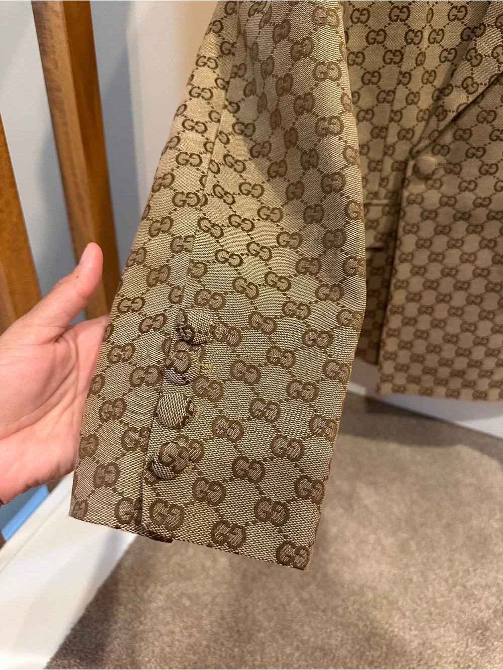 Beige  Monogram Print Double-Breasted Blazer